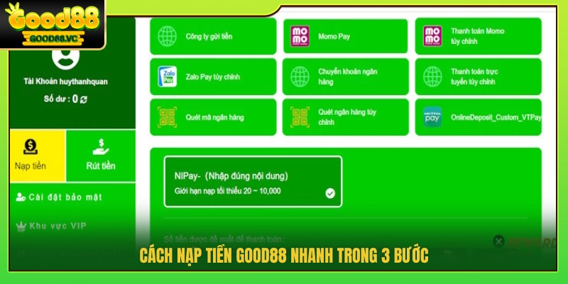 Hướng dẫn nạp tiền Good88 trong 3 bước